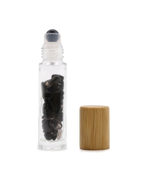 Bouteille Roll-On d'Huile Essentielle avec Gemme - Tourmaline Noire - Bouchon en Bois