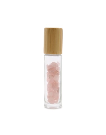 Bouteille Roll-On d'Huile Essentielle avec Gemme - Quartz Rose - Bouchon en Bois