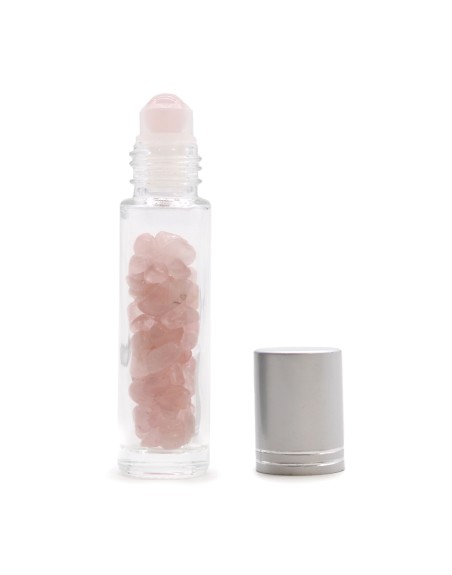 Bouteille Roll-On d'Huile Essentielle avec Gemme - Quartz Rose - Bouchon Argenté