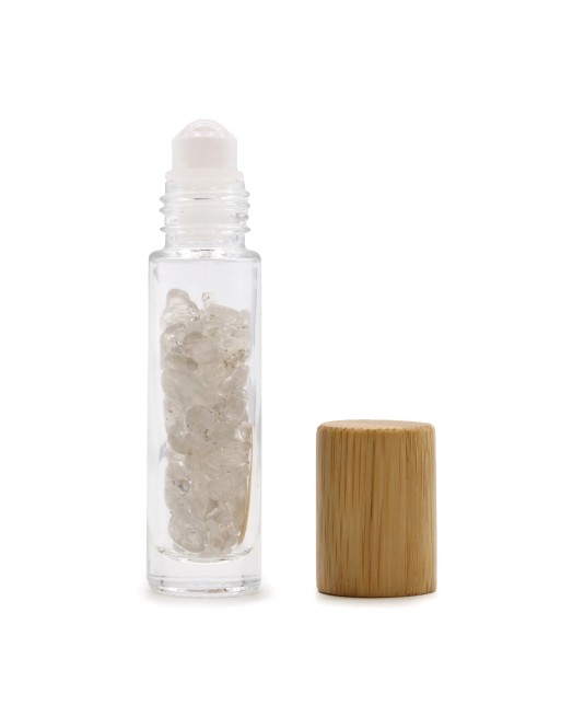 Bouteille Roll-On d'Huile Essentielle avec Gemme - Quartz de Roche - Bouchon en Bois