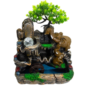 Précommande – Fontaine de table – Éléphants amoureux, lumière & boule de cristal (30×20×35 cm)